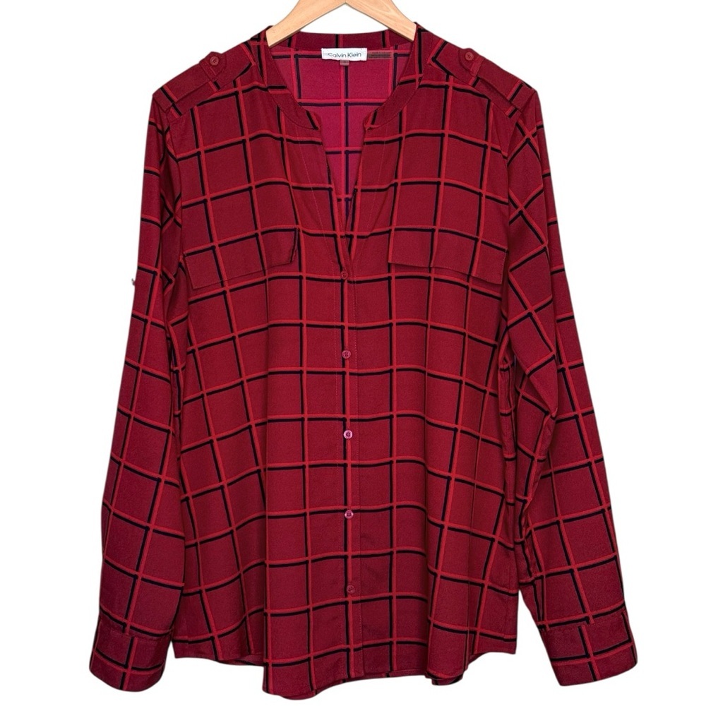Calvin Klein Epaulette Shadow Windowpane Button-Down Shirt With Roll Tab Sleeve - Picture 1 of 8
